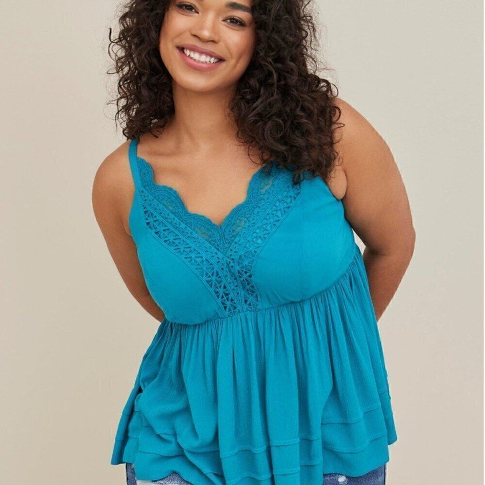 Torrid Babydoll Tank Top Womens 3X 22 24 Teal Blue Crochet Crinkle Gauze Boho